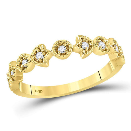 14k Yellow Gold Round Diamond Floral Stackable Band Ring 1/10 Cttw