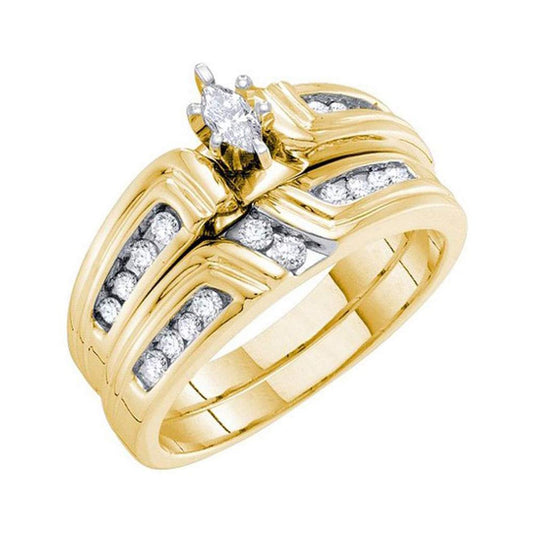 14k Yellow Gold Marquise Diamond Bridal Wedding Ring Set 3/8 Cttw