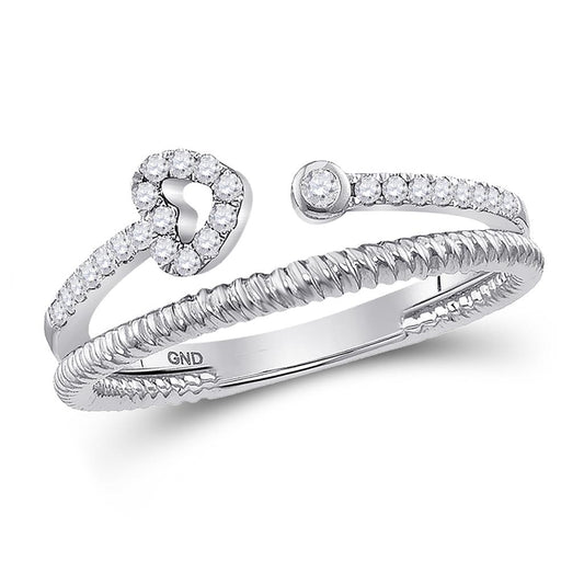 14k White Gold Round Diamond Heart Stackable Band Ring 1/6 Cttw