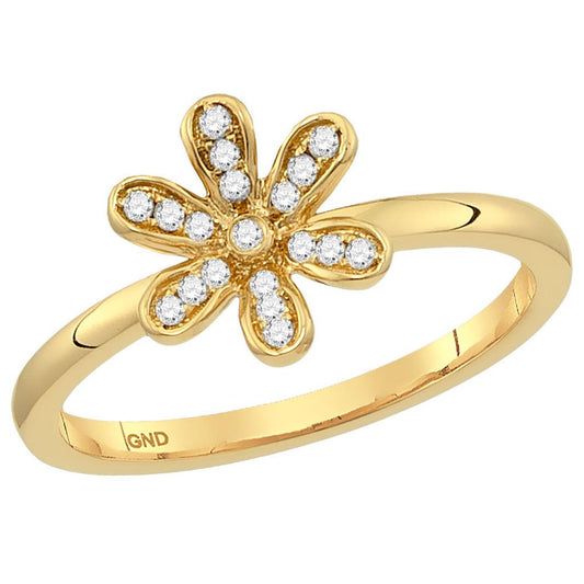 10k Yellow Gold Round Diamond Flower Floral Stackable Band Ring 1/8 Cttw