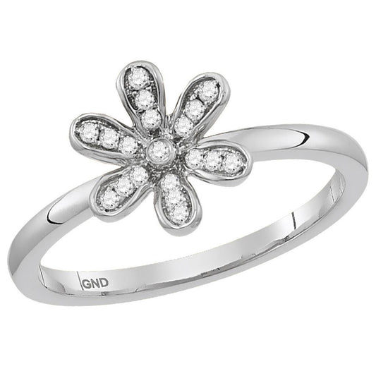 14k White Gold Round Diamond Flower Floral Stackable Band Ring 1/8 Cttw