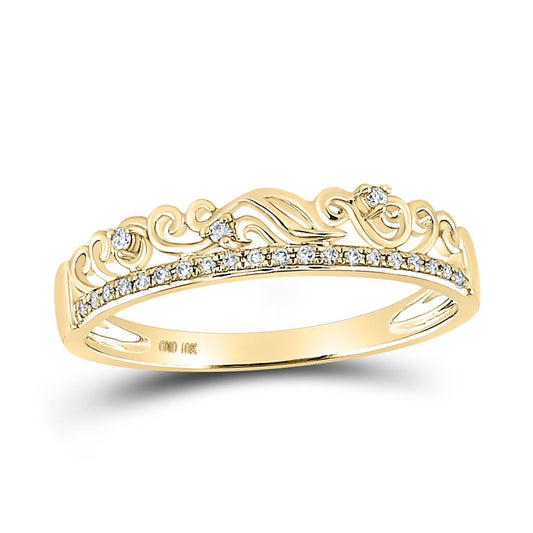 14k Yellow Gold Round Diamond Floral Accent Stackable Band Ring 1/12 Ctw