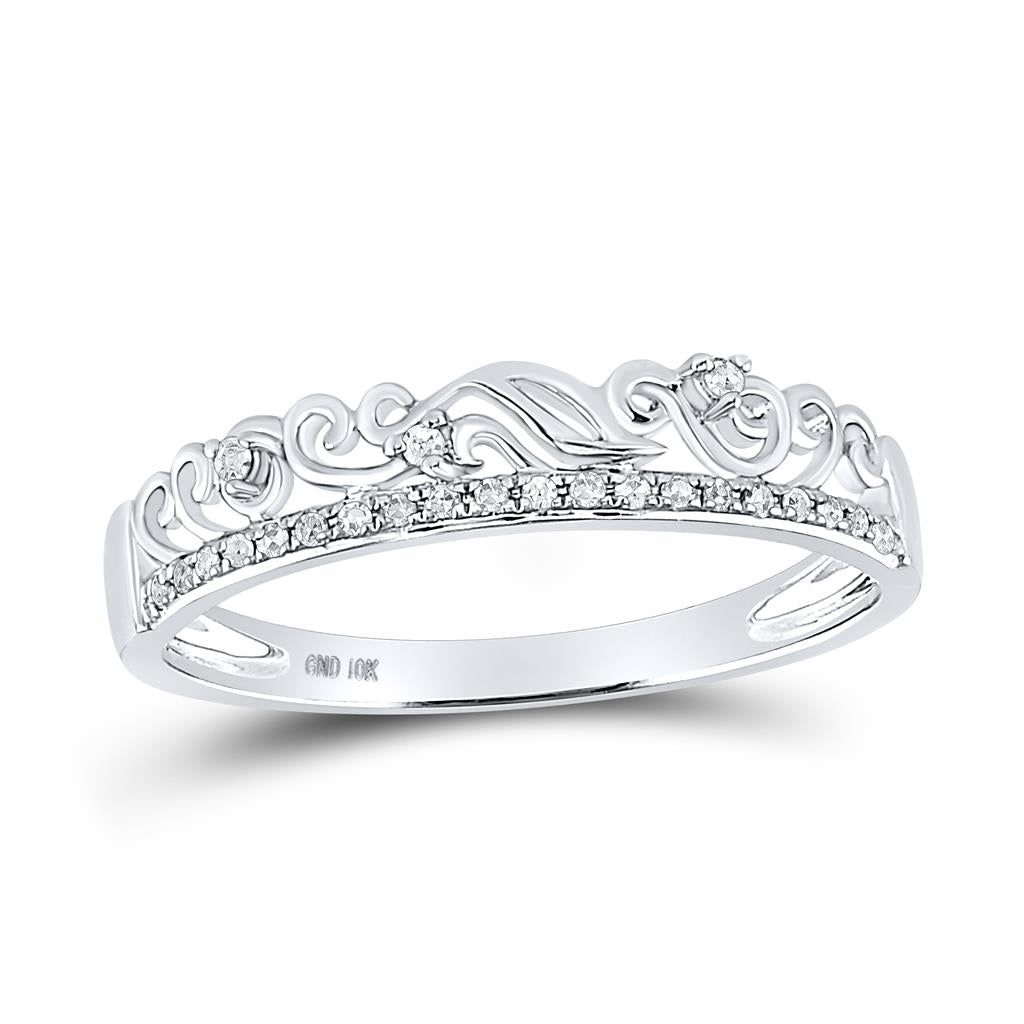 14k White Gold Round Diamond Floral Accent Stackable Band Ring 1/12 Cttw