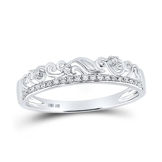14k White Gold Round Diamond Floral Accent Stackable Band Ring 1/12 Cttw