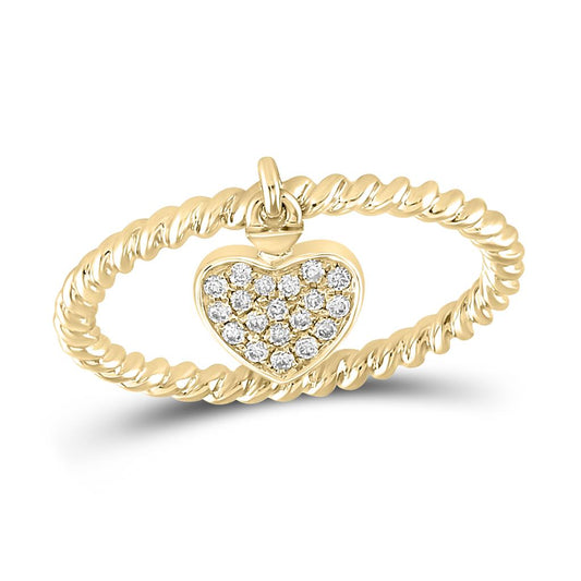 14k Yellow Gold Round Diamond Heart Dangle Stackable Band Ring 1/10 Cttw