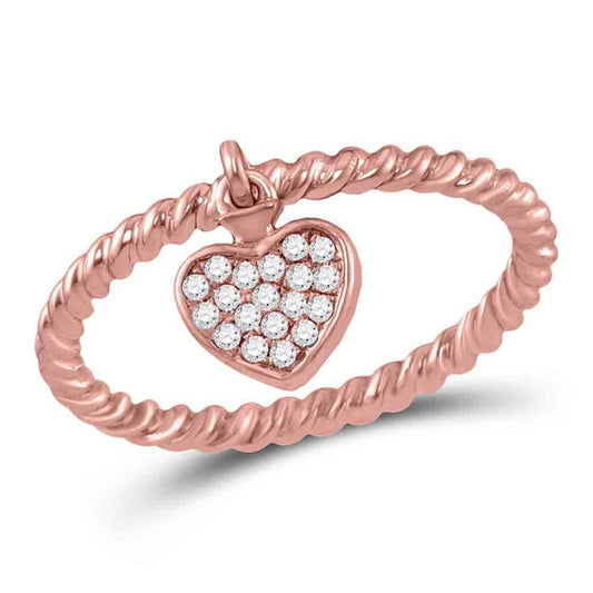 10k Rose Gold Round Diamond Heart Dangle Stackable Band Ring 1/10 Cttw