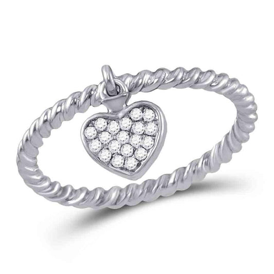 14k White Gold Round Diamond Heart Dangle Stackable Band Ring 1/10 Cttw