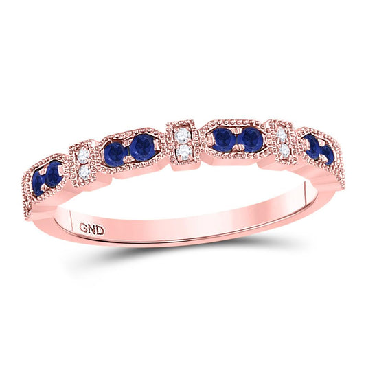 10k Rose Gold Round Blue Sapphire Diamond Stackable Band Ring 1/4 Cttw