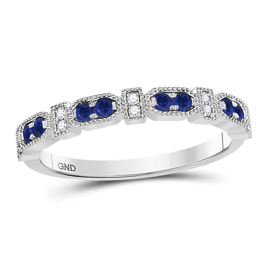 14k White Gold Round Blue Sapphire Diamond Stackable Band Ring 1/4 Cttw