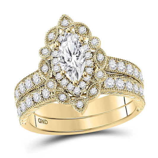 14k Yellow Gold Marquise Diamond Bridal Wedding Ring Set 2 Ctw (Certified)