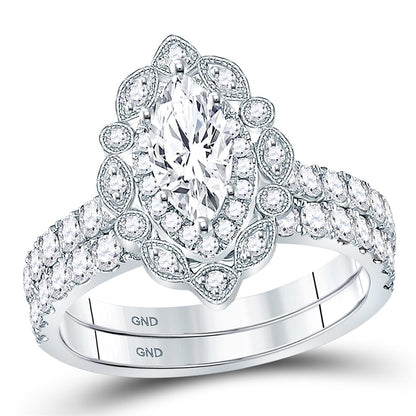 14k White Gold Marquise Diamond Bridal Wedding Ring Set 2 Ctw (Certified)