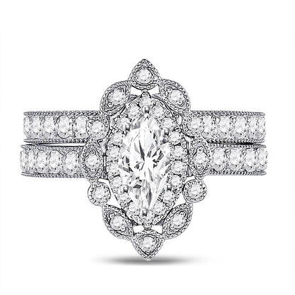 14k White Gold Marquise Diamond Bridal Wedding Ring Set 2 Ctw (Certified)