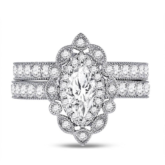 14k White Gold Marquise Diamond Bridal Wedding Ring Set 2 Ctw (Certified)