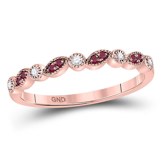 10k Rose Gold Round Ruby Diamond Marquise Dot Stackable Band Ring 1/8 Cttw