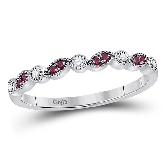 14k White Gold Round Ruby Diamond Stackable Band Ring 1/8 Cttw
