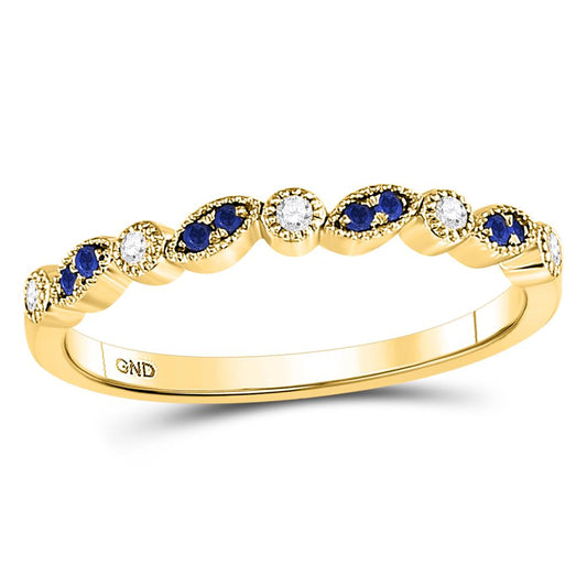 10k Yellow Gold Round Blue Sapphire Diamond Stackable Band Ring 1/10 Cttw