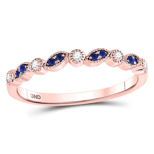 10kt Rose Gold Round Blue Sapphire Diamond Stackable Band Ring 1/10 Cttw