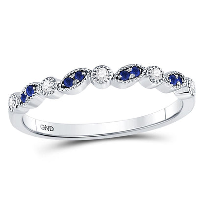 14k White Gold Round Blue Sapphire Diamond Stackable Band Ring 1/10 Cttw