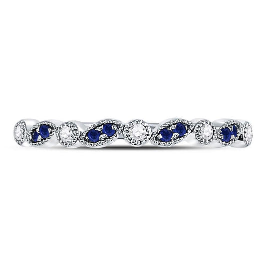 14k White Gold Round Blue Sapphire Diamond Stackable Band Ring 1/10 Cttw