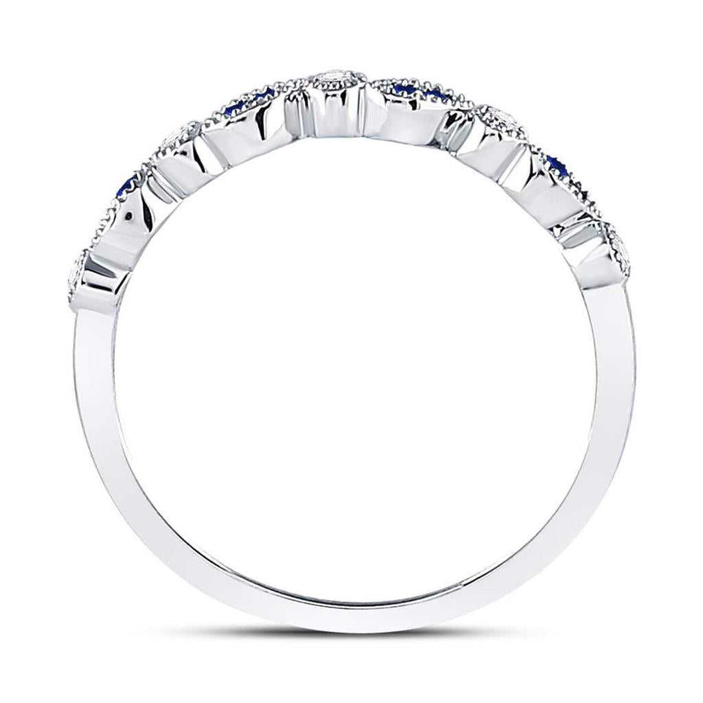 14k White Gold Round Blue Sapphire Diamond Stackable Band Ring 1/10 Cttw