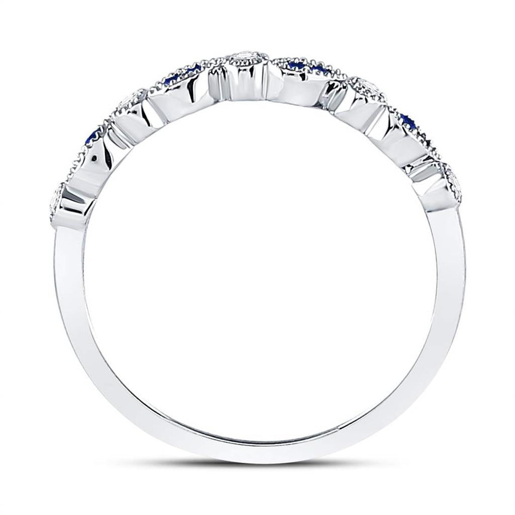 14k White Gold Round Blue Sapphire Diamond Stackable Band Ring 1/10 Cttw