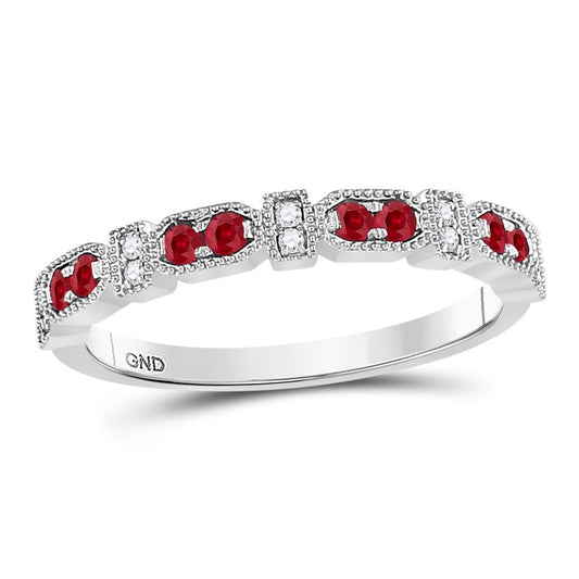 14k White Gold Round Ruby Diamond Stackable Band Ring 1/4 Cttw