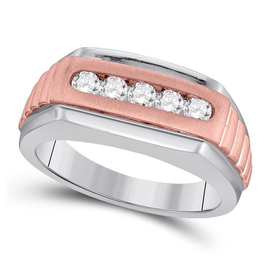 10k Two-tone Gold Round Diamond Wedding Ribbed 5-Stone Band Ring 1/2 Cttw
