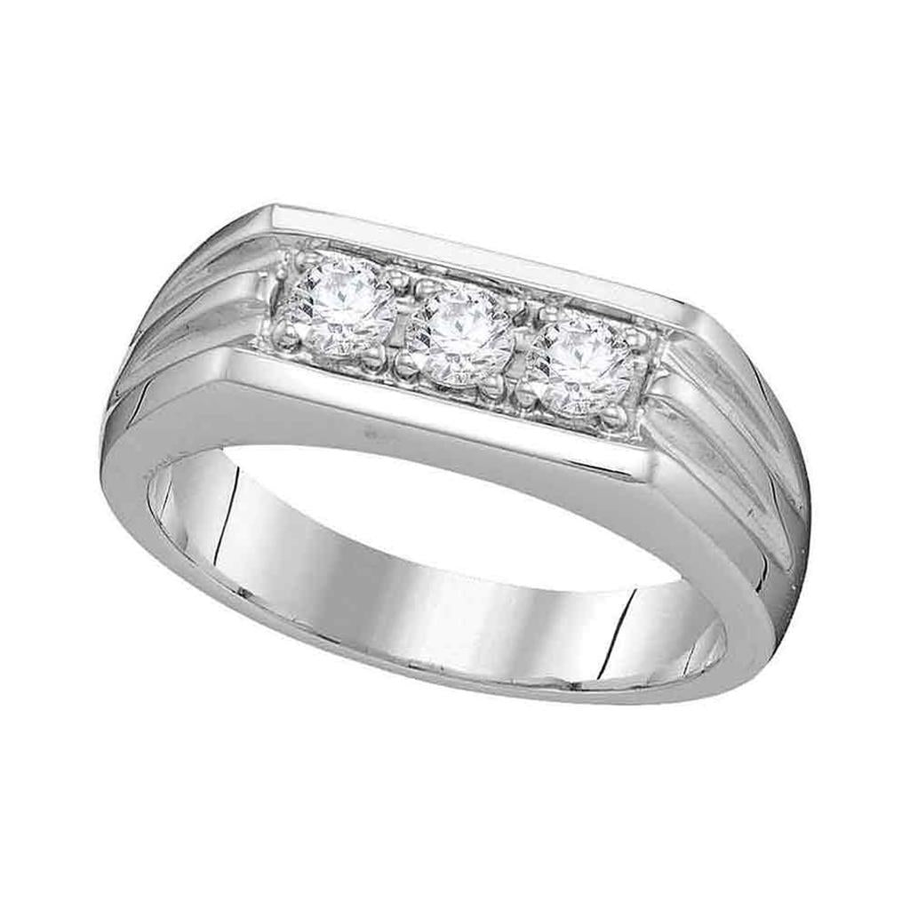 14k White Gold Round Diamond 3-Stone Ribbed Band Ring 1/2 Cttw