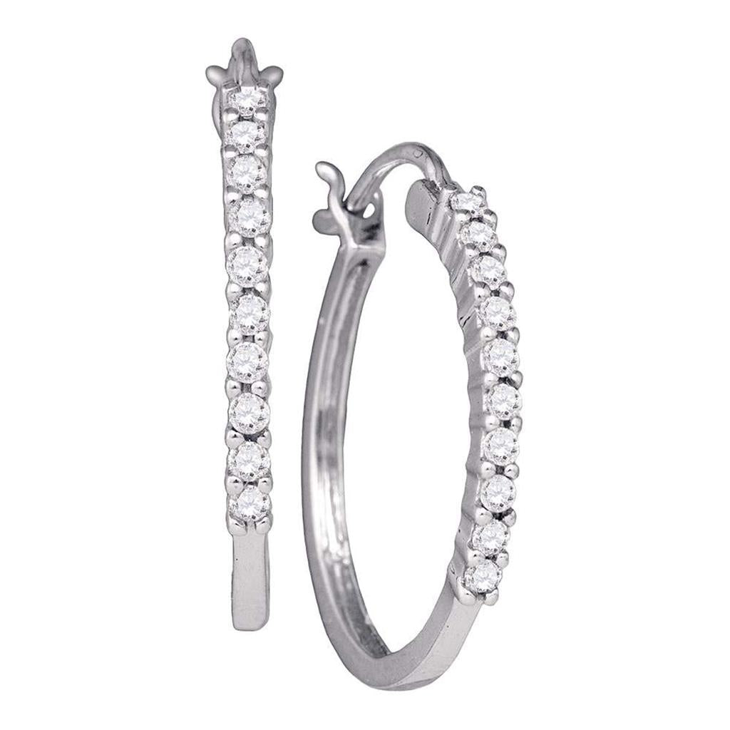 14k White Gold Round Diamond Slender Snap-down Hoop Earrings 1/4 Cttw