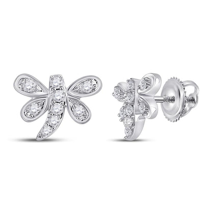 14k White Gold Round Diamond Butterfly Bug Earrings 1/8 Cttw