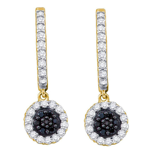 10k Yellow Gold Black Diamond Hoop Flower Cluster Dangle Earrings 1/2 Cttw