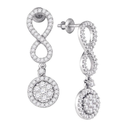 14k White Gold Round Diamond Cluster Dangle Infinity Earrings 1-1/3 Cttw