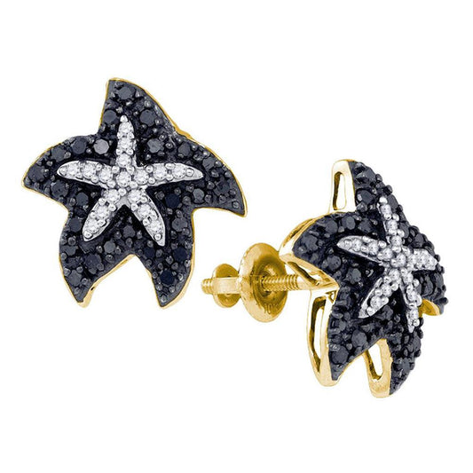 10k Yellow Gold Black Diamond Starfish Stud Earrings 3/8 Cttw