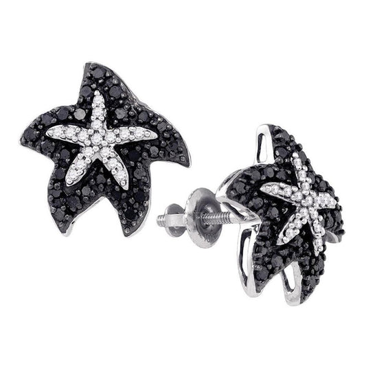 14k White Gold Black Diamond Starfish Stud Earrings 3/8 Cttw