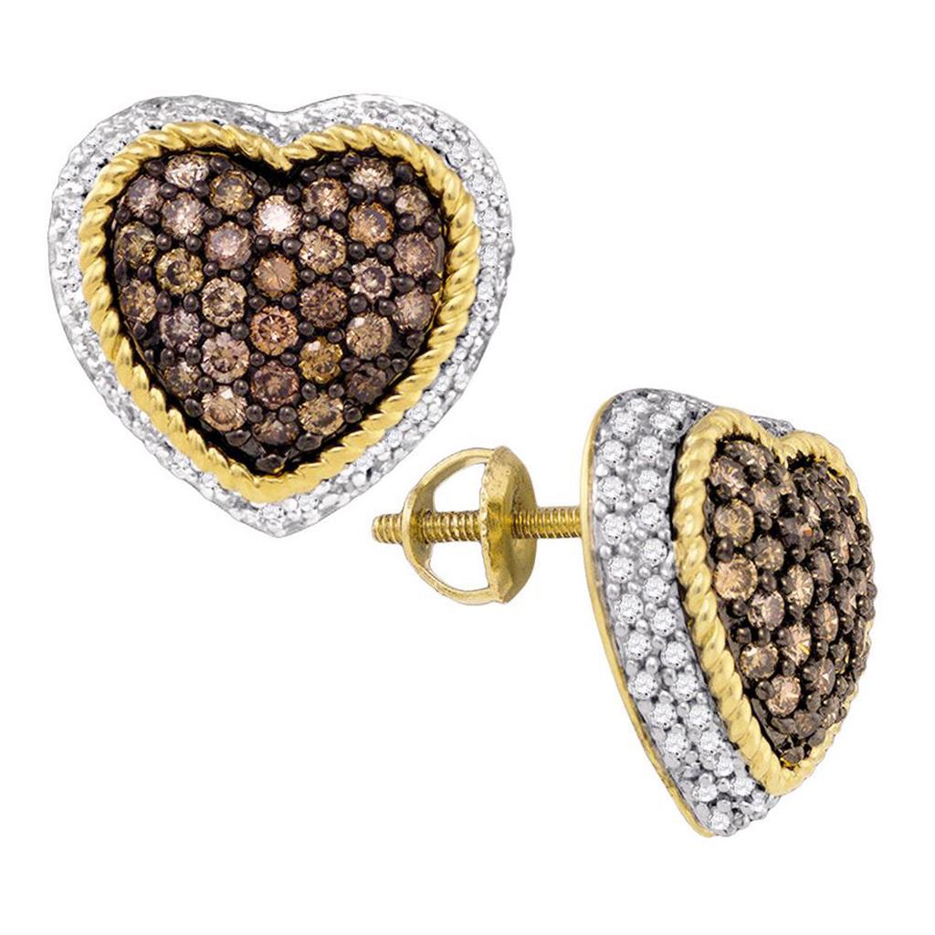 10k Yellow Gold Brown Diamond Heart Cluster Earrings 1-1/3 Cttw