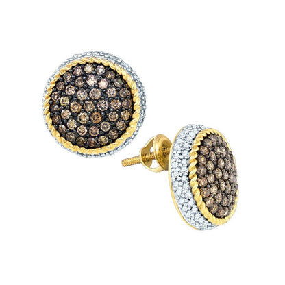 10k Yellow Gold Brown Diamond Roped Cluster Earrings 1-1/3 Cttw