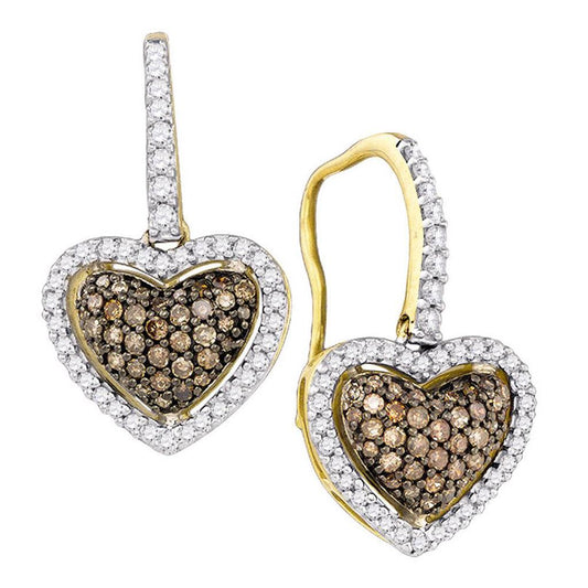 10k Yellow Gold Brown Diamond Heart Dangle Earrings 5/8 Cttw