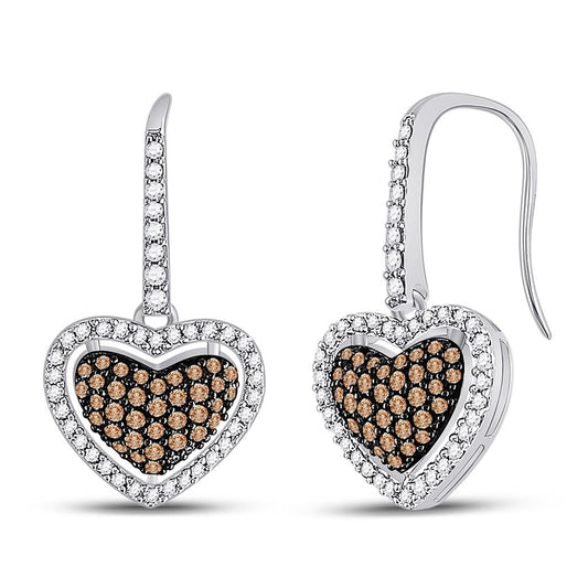 14k White Gold Brown Diamond Heart Dangle Earrings 5/8 Cttw