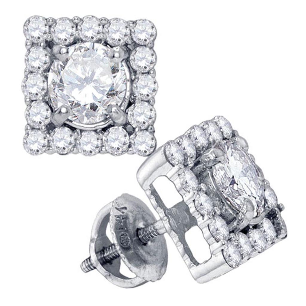 14k White Gold Round Diamond Square Frame Solitaire Stud Earrings 1-3/4 Cttw