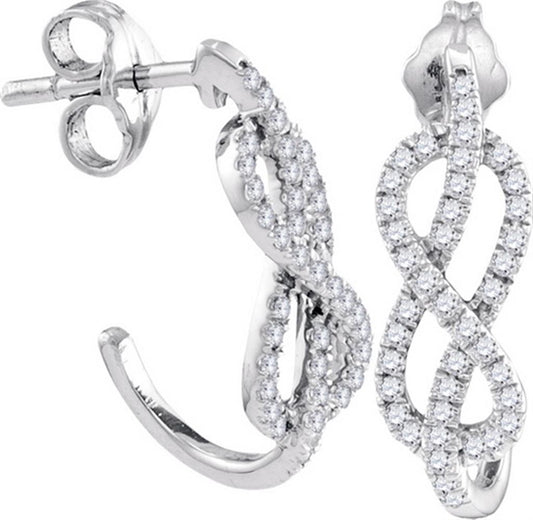 14k White Gold Round Diamond Infinity Half J Hoop Earrings 3/8 Cttw