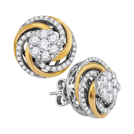 10k Two-tone White Gold Round Diamond Flower Cluster Earrings 1 Cttw