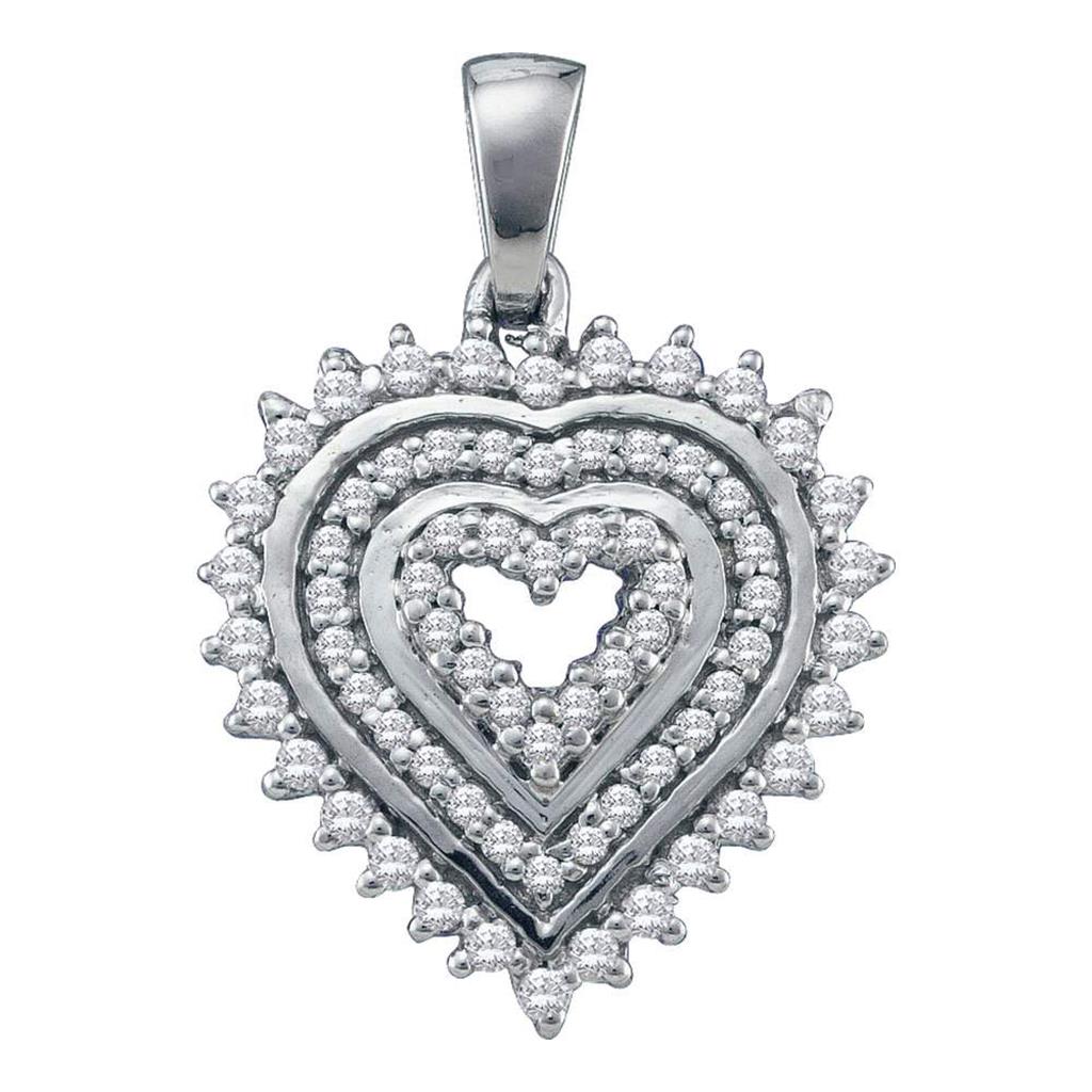 14k White Gold Round Diamond Concentric Heart Pendant 1/3 Cttw