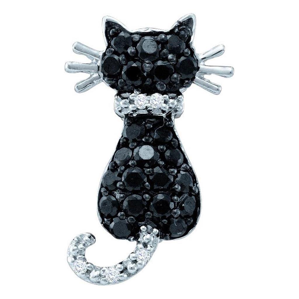 14k White Gold Round Black Diamond Cat Pendant 1/3 Cttw