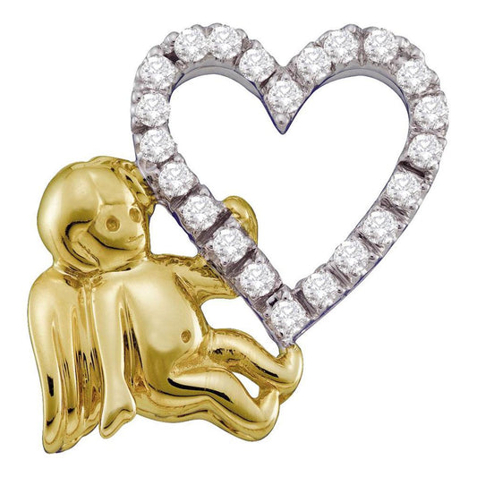 10k Two-tone Gold Round Diamond Cherub Heart Pendant 1/6 Cttw