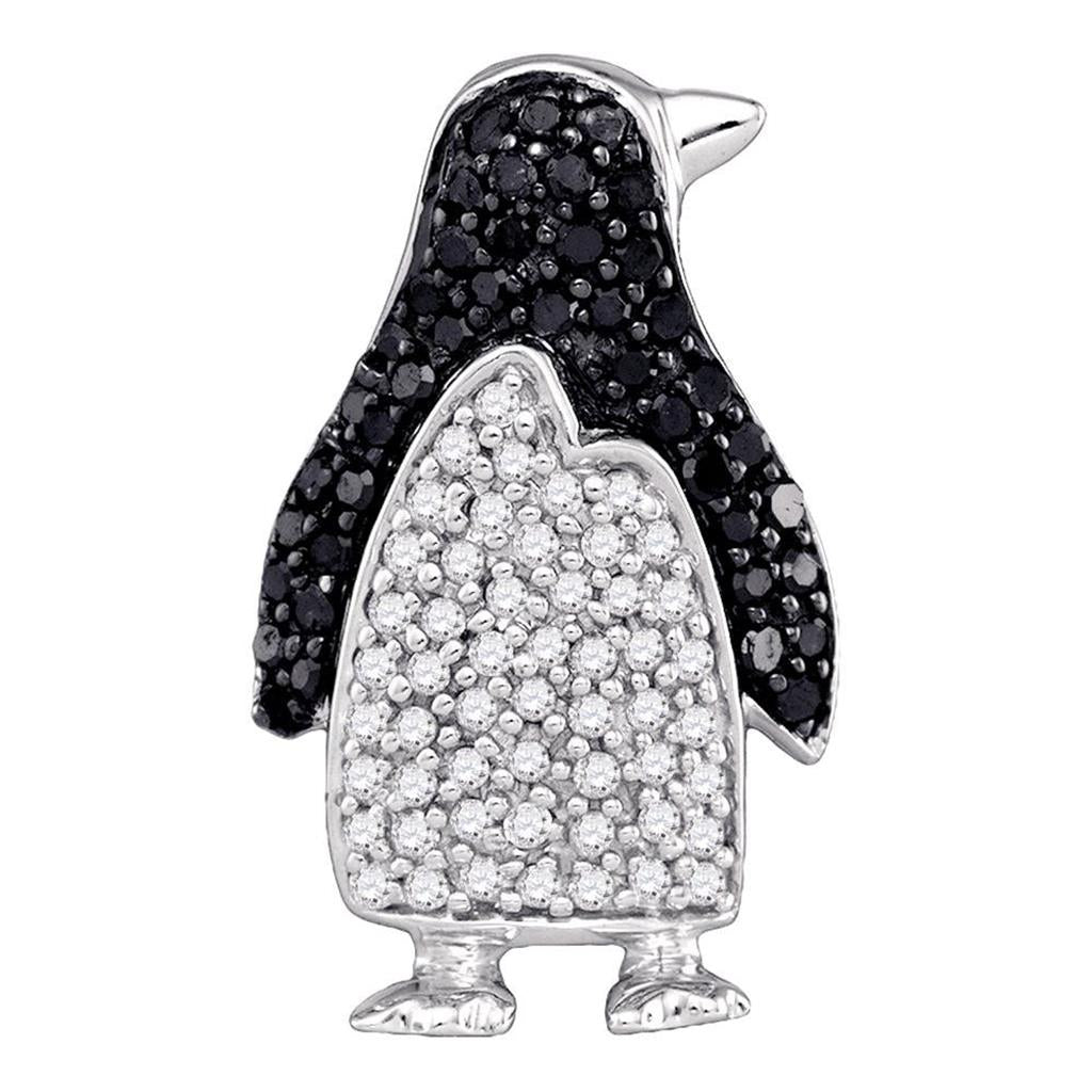 14k White Gold Round Black Diamond Penguin Animal Pendant 1/3 Cttw