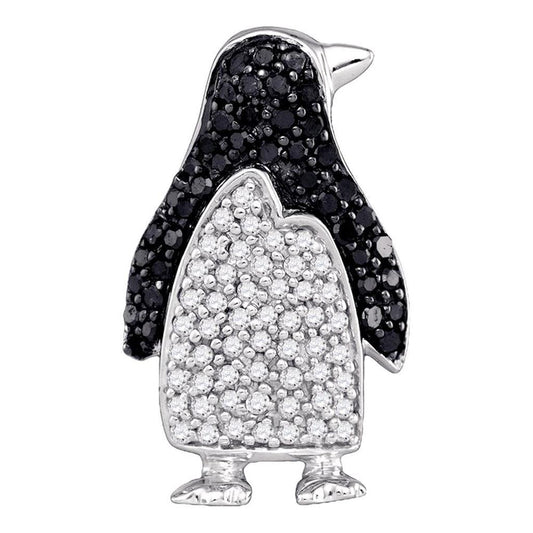 14k White Gold Round Black Diamond Penguin Animal Pendant 1/3 Cttw