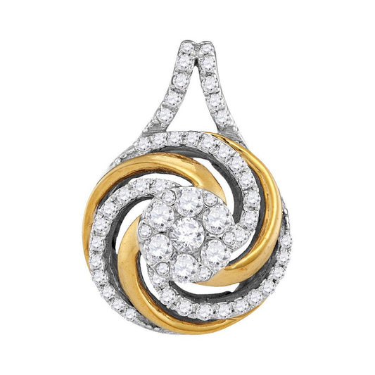 10k Two-tone Gold Round Diamond Swirl Cluster Pendant 1/2 Cttw