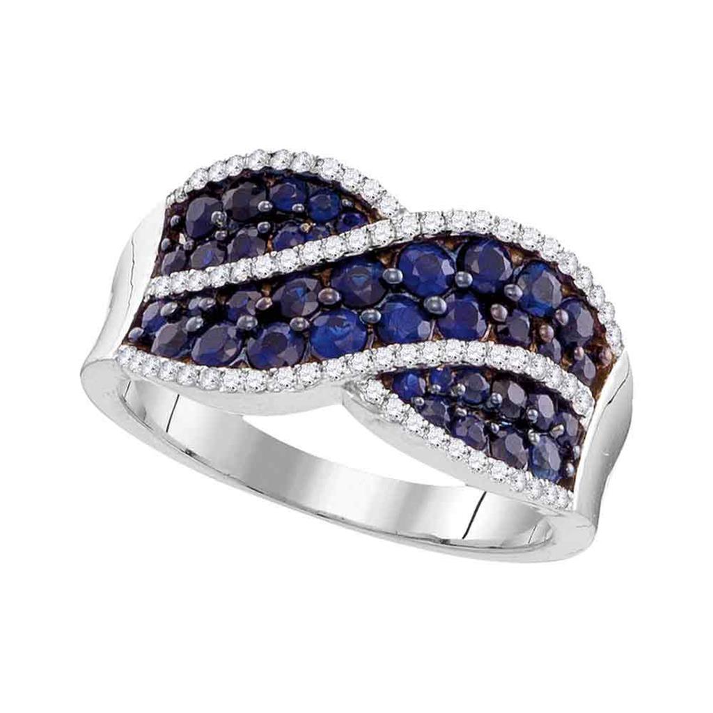 14k White Gold Round Blue Sapphire Crossover Band Ring 1-1/2 Cttw