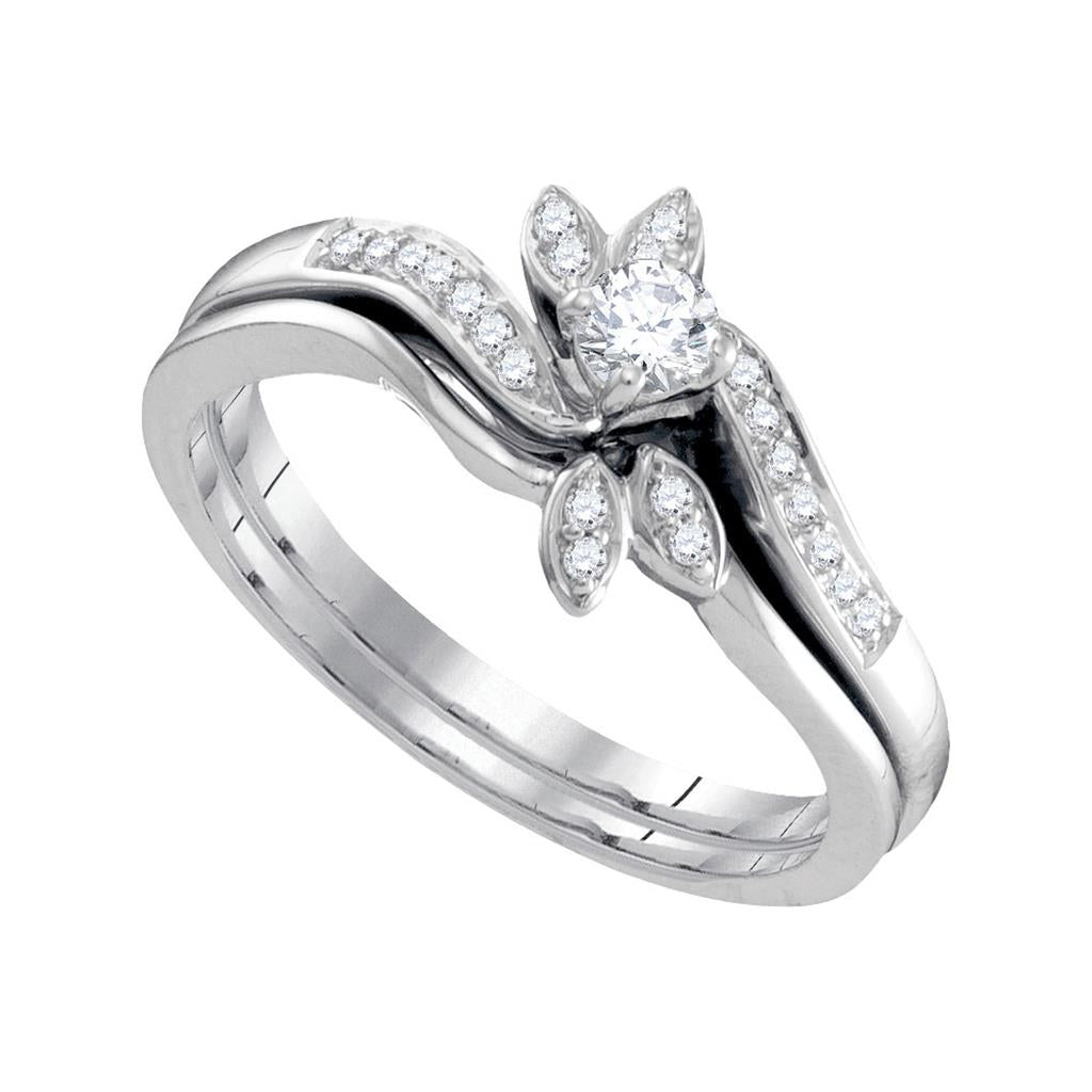 14k White Gold Round Diamond Leaf Floral Bridal Wedding Ring Set 1/4 Cttw