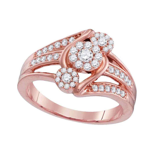 10k Rose Gold Round Diamond Triple Flower Cluster Ring 1/2 Cttw